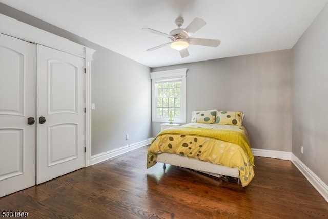 bedroom featuring ceiling fan, dark hardwood / wood-style floors, and a closet