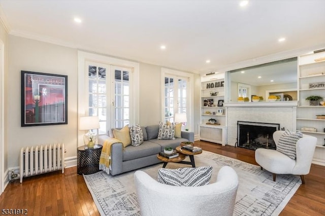 living room with hardwood / wood-style flooring, plenty of natural light, a fireplace, and radiator