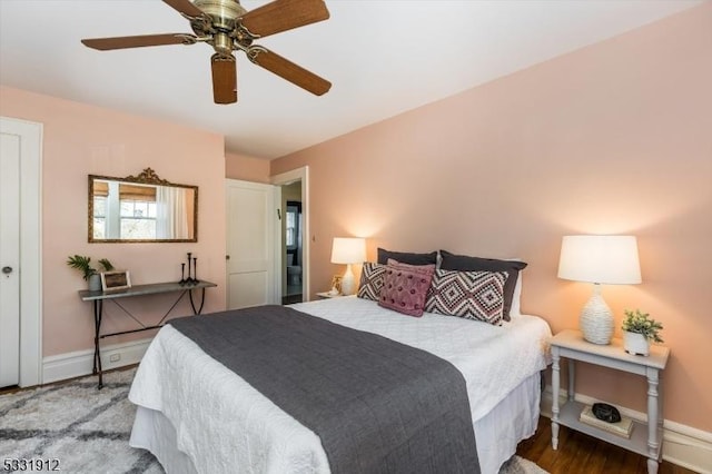 bedroom with ceiling fan and wood-type flooring