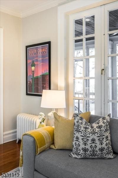 living area featuring radiator, dark hardwood / wood-style flooring, and crown molding