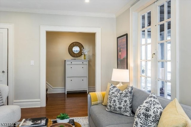 living room with ornamental molding and wood-type flooring