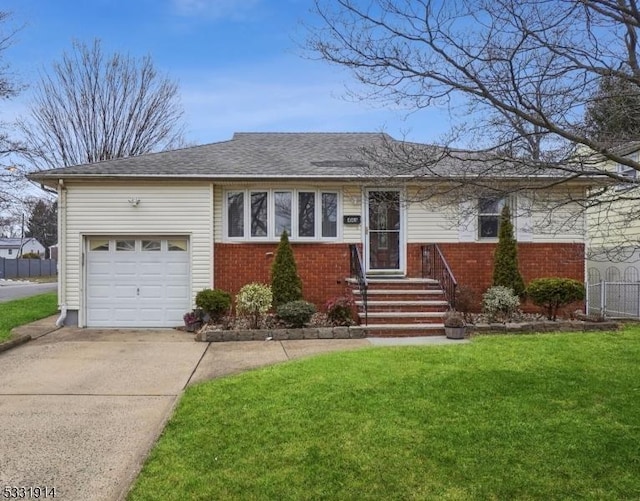 ranch-style home with a front lawn and a garage