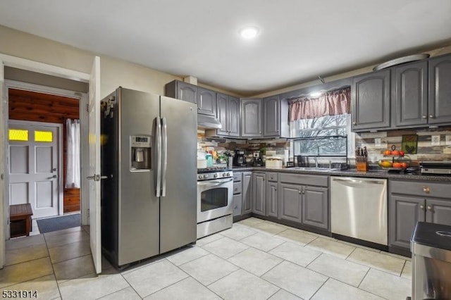 kitchen with backsplash, sink, gray cabinetry, and stainless steel appliances