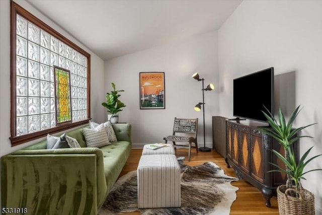 living room with light hardwood / wood-style flooring and lofted ceiling