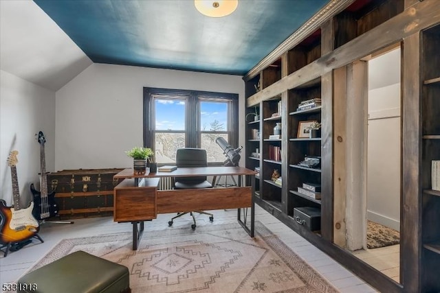 office space featuring vaulted ceiling