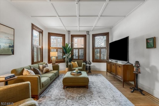 living room with coffered ceiling and light hardwood / wood-style flooring