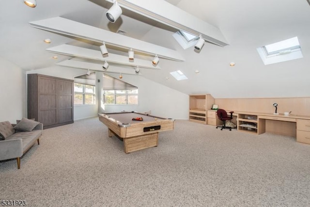 recreation room featuring light carpet, lofted ceiling with beams, and billiards