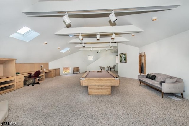 recreation room featuring carpet flooring, lofted ceiling with skylight, and pool table