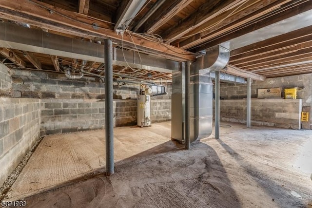 basement with heating unit and water heater