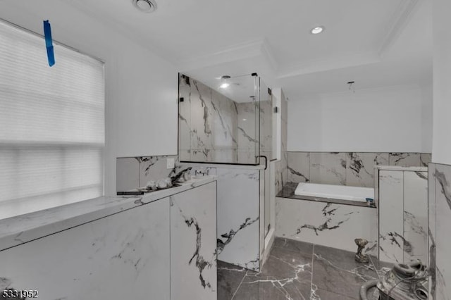 bathroom with vanity, separate shower and tub, and crown molding