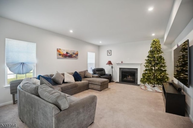 living room featuring light carpet