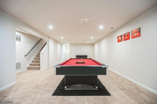 game room featuring pool table and light colored carpet