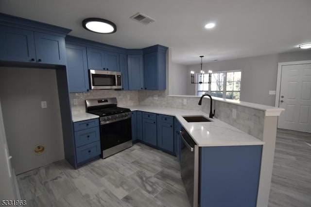 kitchen featuring sink, hanging light fixtures, stainless steel appliances, a notable chandelier, and kitchen peninsula