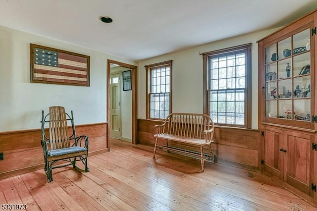 living area with wood walls and light hardwood / wood-style flooring