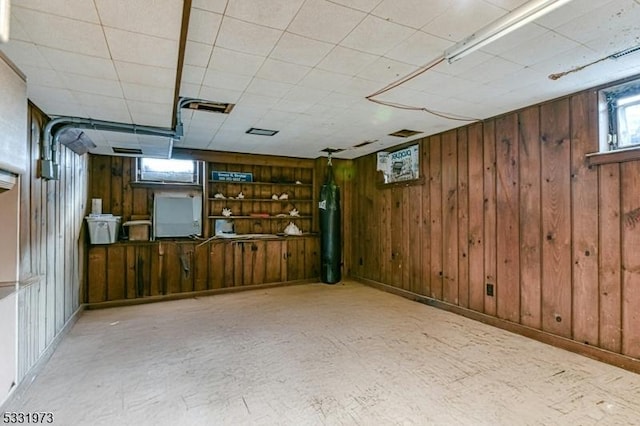 basement with built in features and wooden walls