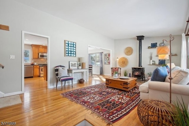 living room featuring a wood stove, light hardwood / wood-style flooring, and plenty of natural light