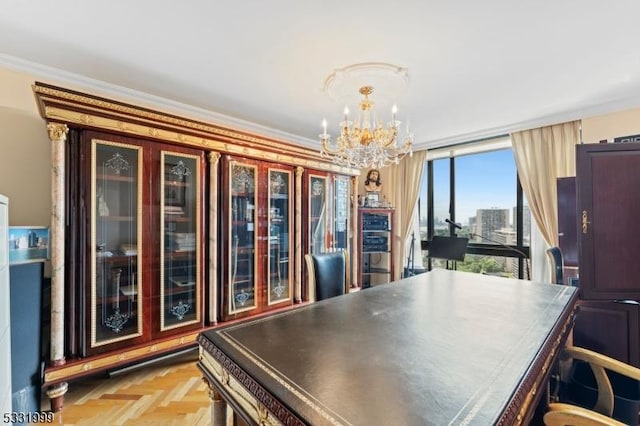 interior space with light parquet flooring, crown molding, and an inviting chandelier