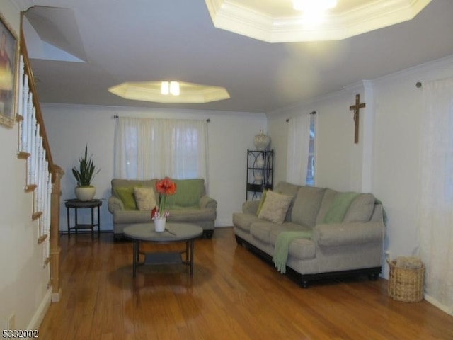 living room with a raised ceiling, crown molding, and hardwood / wood-style floors