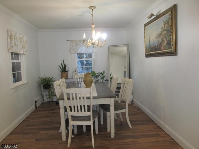 dining space with a baseboard heating unit, dark hardwood / wood-style flooring, a notable chandelier, and ornamental molding