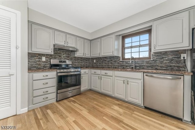 kitchen with appliances with stainless steel finishes, tasteful backsplash, sink, gray cabinets, and light wood-type flooring