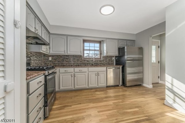 kitchen with appliances with stainless steel finishes, sink, gray cabinets, and light hardwood / wood-style floors