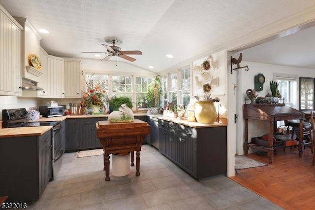 kitchen with gray cabinetry, vaulted ceiling, stainless steel dishwasher, ceiling fan, and black range with electric cooktop