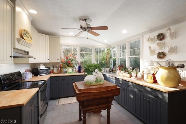 kitchen featuring black range with electric stovetop, white cabinetry, tasteful backsplash, ventilation hood, and gray cabinets