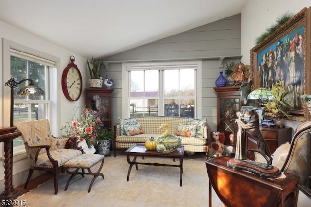 living area with lofted ceiling