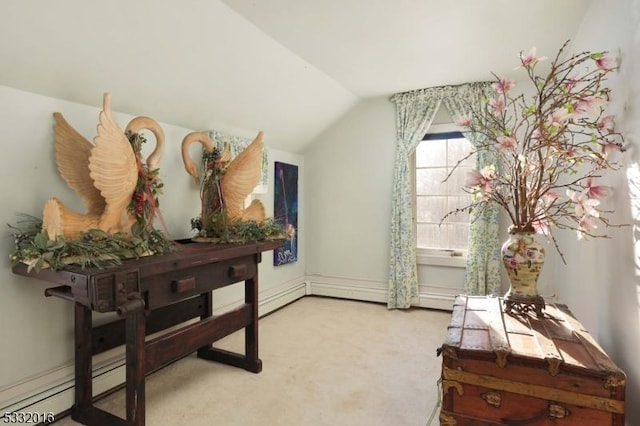 interior space featuring carpet floors and vaulted ceiling