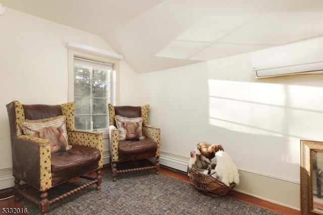 living area with a wall mounted AC, wood-type flooring, and vaulted ceiling