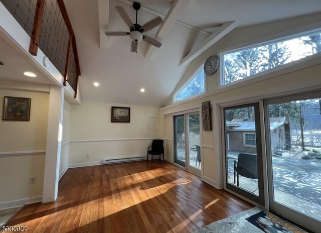 unfurnished living room featuring high vaulted ceiling, a baseboard heating unit, ceiling fan, beamed ceiling, and dark hardwood / wood-style flooring