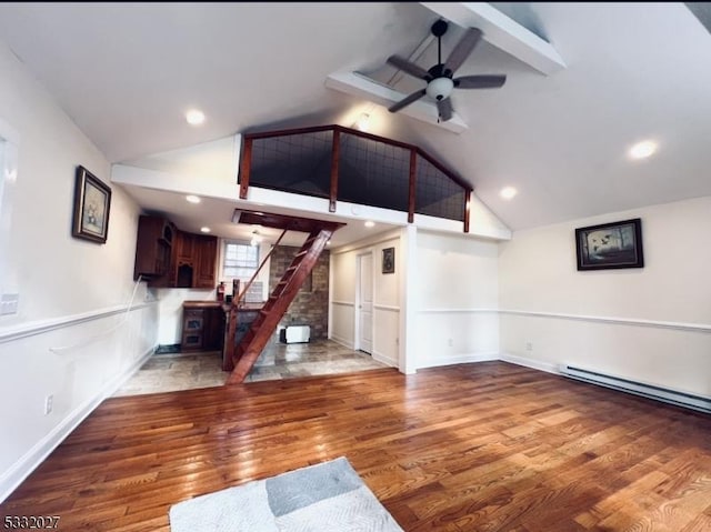 unfurnished living room featuring hardwood / wood-style floors, ceiling fan, high vaulted ceiling, and a baseboard radiator