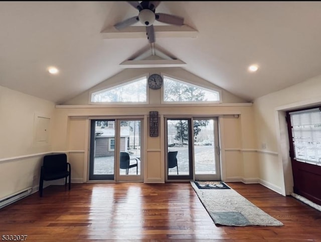 entryway with vaulted ceiling with beams, dark hardwood / wood-style floors, ceiling fan, and a baseboard heating unit