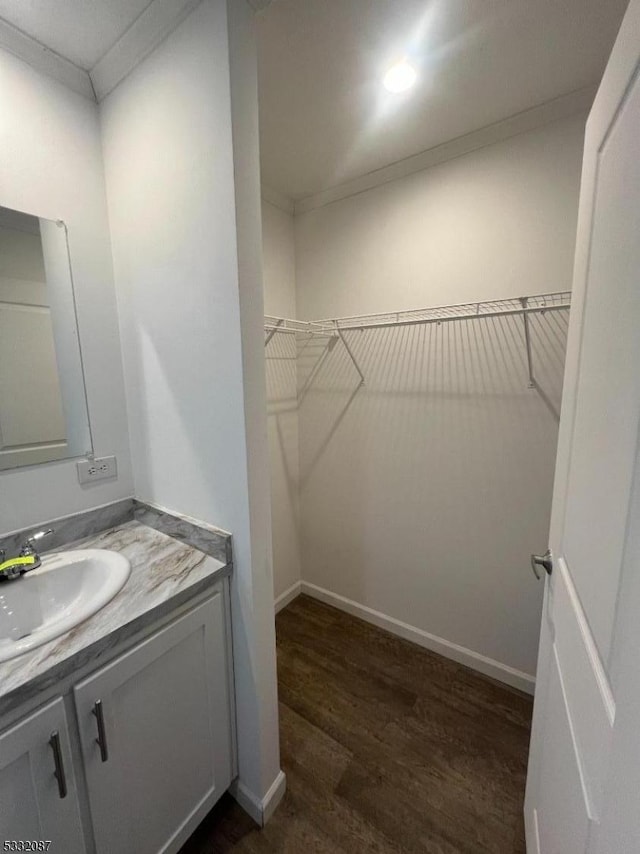 bathroom featuring hardwood / wood-style floors, vanity, and crown molding