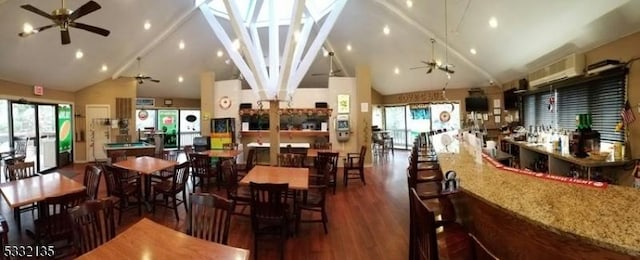 dining area featuring a wall unit AC, ceiling fan, high vaulted ceiling, and dark wood-type flooring