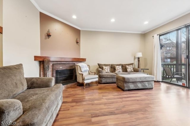 living room with a fireplace, light hardwood / wood-style flooring, and ornamental molding