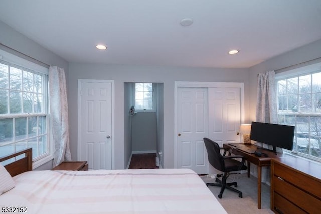 carpeted bedroom with multiple windows