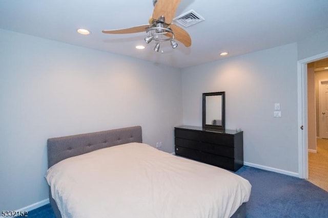 carpeted bedroom featuring ceiling fan