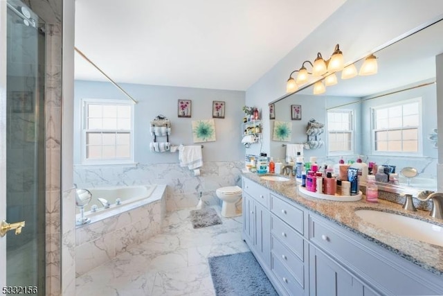 full bathroom featuring plenty of natural light, separate shower and tub, and vanity