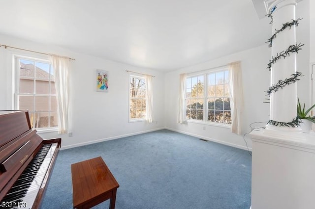 interior space with dark colored carpet