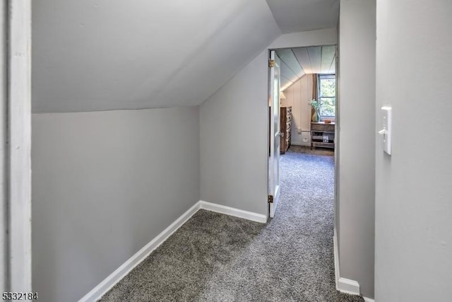 additional living space with lofted ceiling and dark colored carpet