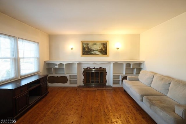 living room with dark wood-type flooring