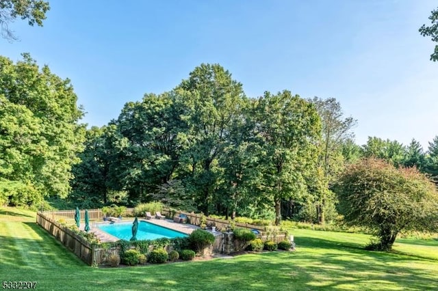 view of pool featuring a yard