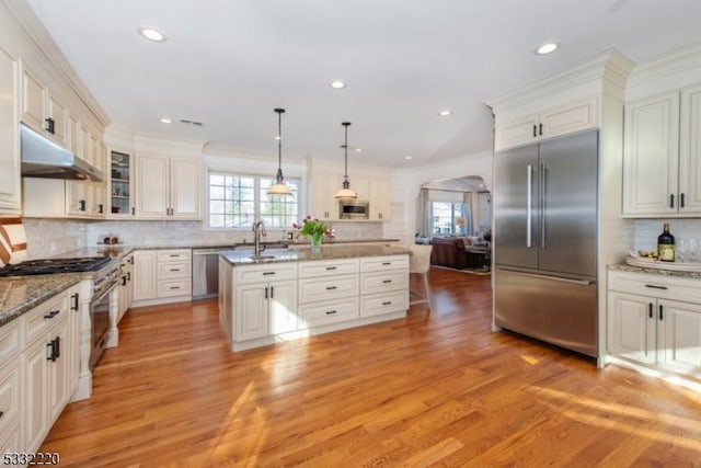 kitchen with premium appliances, decorative light fixtures, tasteful backsplash, stone countertops, and a center island with sink