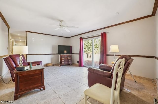 living room featuring ceiling fan, ornamental molding, and light tile patterned floors