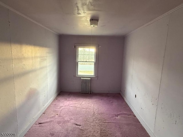 spare room featuring radiator, crown molding, and carpet