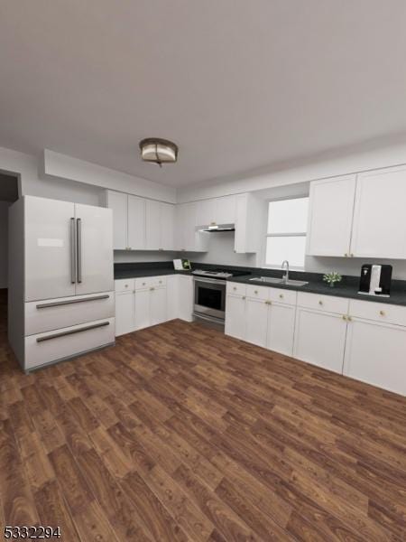 kitchen with sink, white cabinets, stainless steel stove, and dark hardwood / wood-style floors