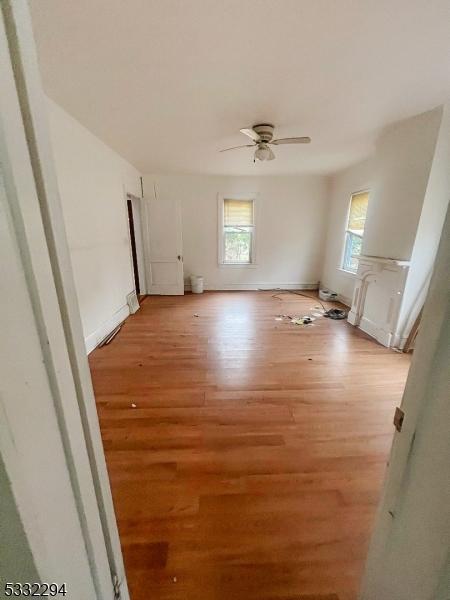 spare room with ceiling fan and light hardwood / wood-style flooring