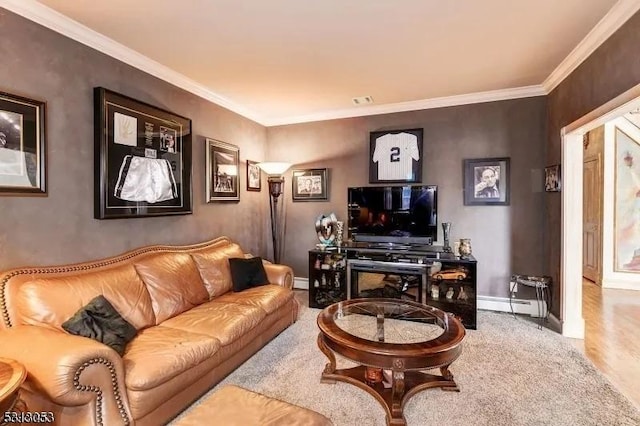 living room with carpet, a baseboard radiator, and ornamental molding