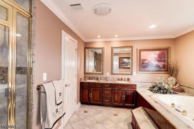 bathroom with independent shower and bath, vanity, tile patterned floors, and ornamental molding